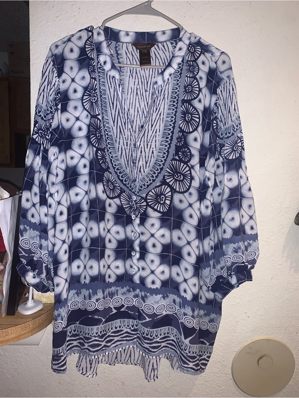 Multiples Blue and White Patterned V-Neck Blouse